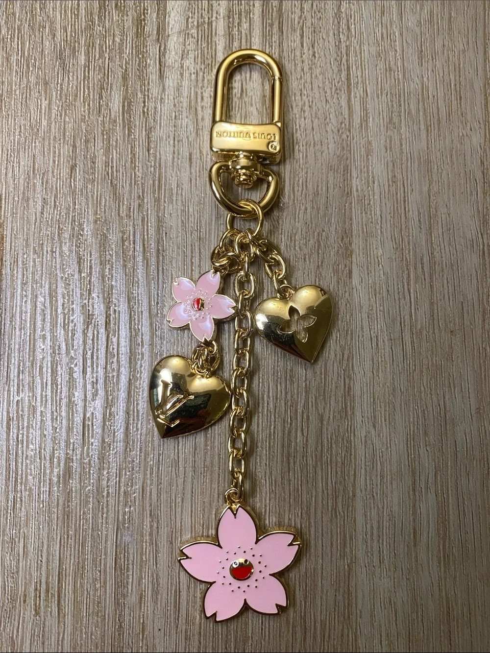 Louis Vuitton Cherry Blossom Bag Charm Pink Sakura Gold Hearts